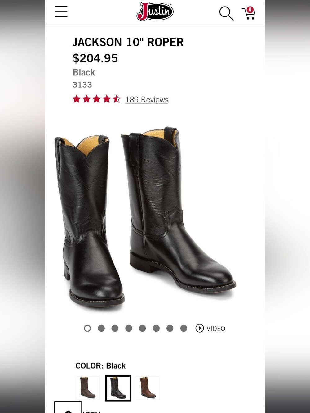 NIB Jackson Black Cowhide Justin Mens Boots Style #3133